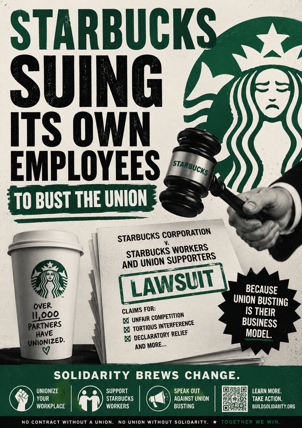 Illustration showing Starbucks workers, a legal dispute, and the fight over union organizing