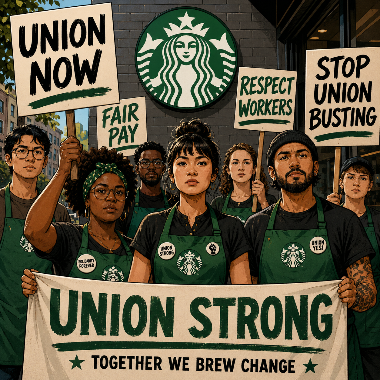 Illustration of Starbucks workers holding union protest signs