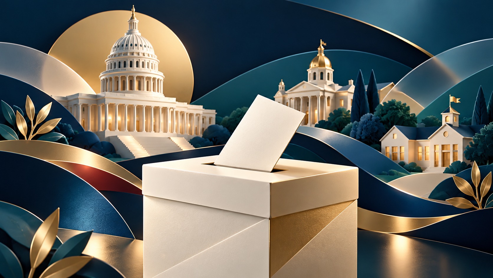 AI-generated editorial illustration of a symbolic ballot box and imagined civic buildings. It depicts no actual ballot, voting facility or event.