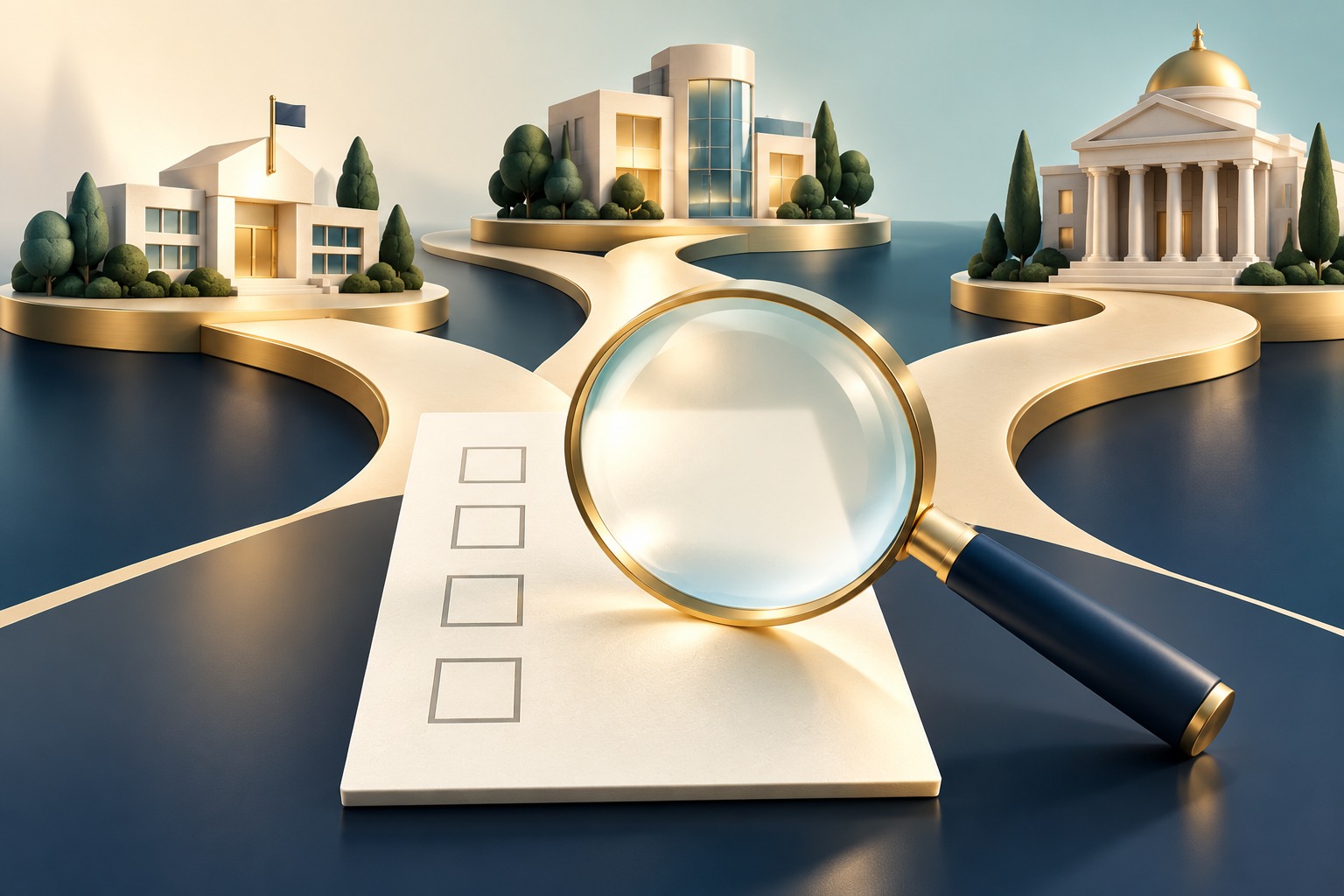 AI-generated editorial illustration of a magnifying glass over a symbolic blank ballot beside imagined public-service buildings. It is not a photograph or a real ballot.