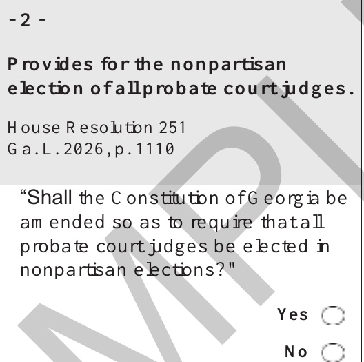 Georgia Amendment 2 on Clayton County’s official November 3, 2026 sample ballot: the question asks whether all probate judges should be elected in nonpartisan elections.