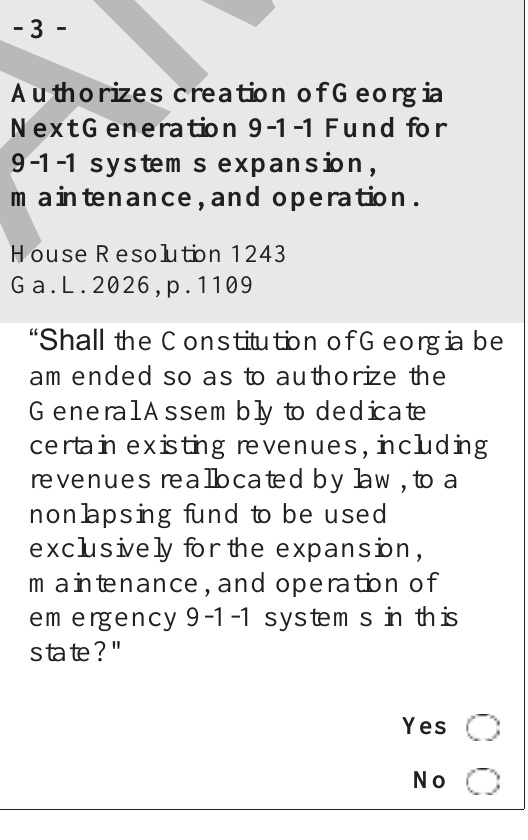Georgia Amendment 3 on Clayton County’s official November 3, 2026 sample ballot: proposed authority to dedicate existing revenues to emergency 9-1-1 systems.