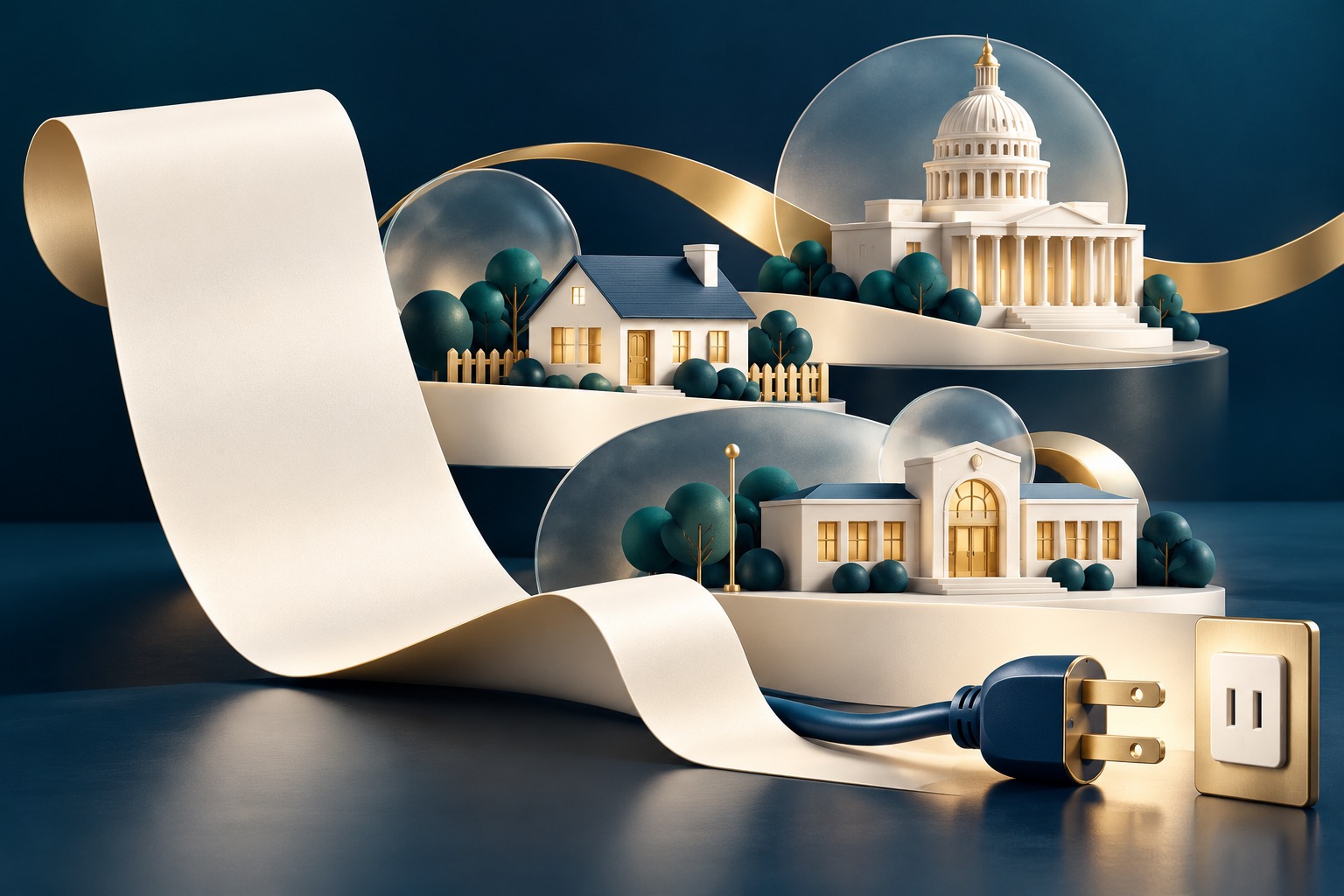 AI-generated editorial illustration linking a symbolic household-cost ribbon with imagined government, a home, a school and electricity. It depicts no actual bill, facility or event.