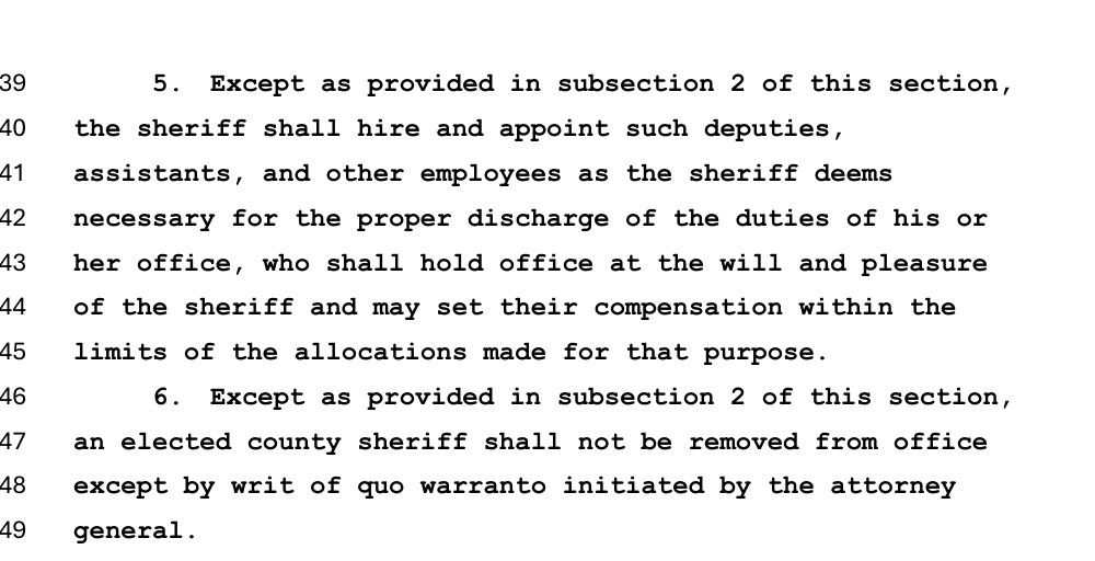 Missouri Amendment 8: excerpt from page 3 of SJR 87, including the proposed removal provision for covered county sheriffs.