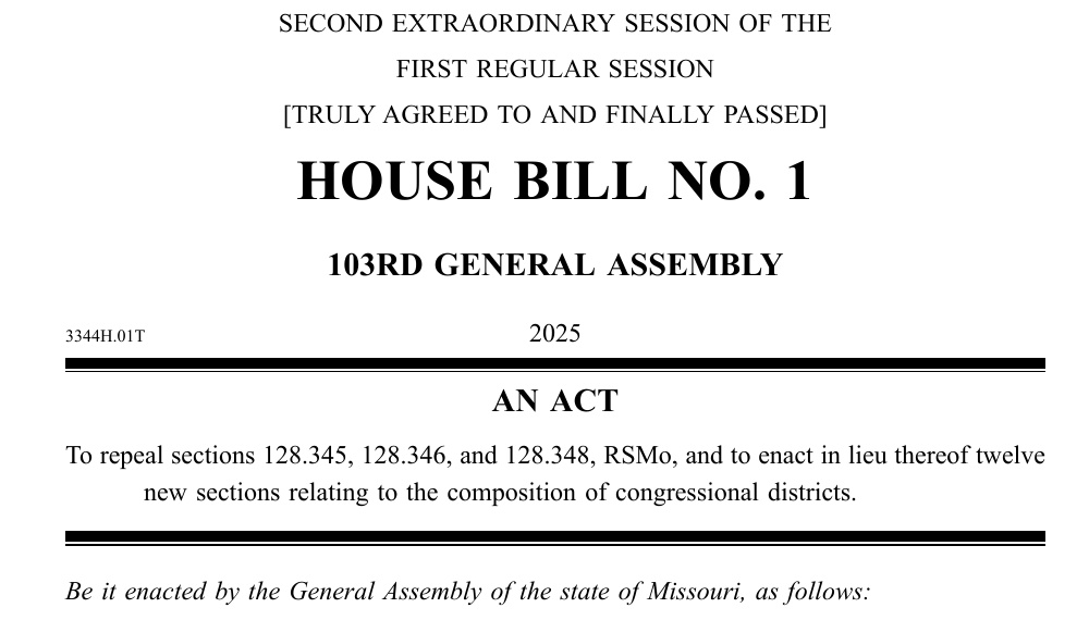 House Bill 1 from Missouri’s 2025 second extraordinary session: an excerpt from the first page of the congressional redistricting act addressed by Proposition A.