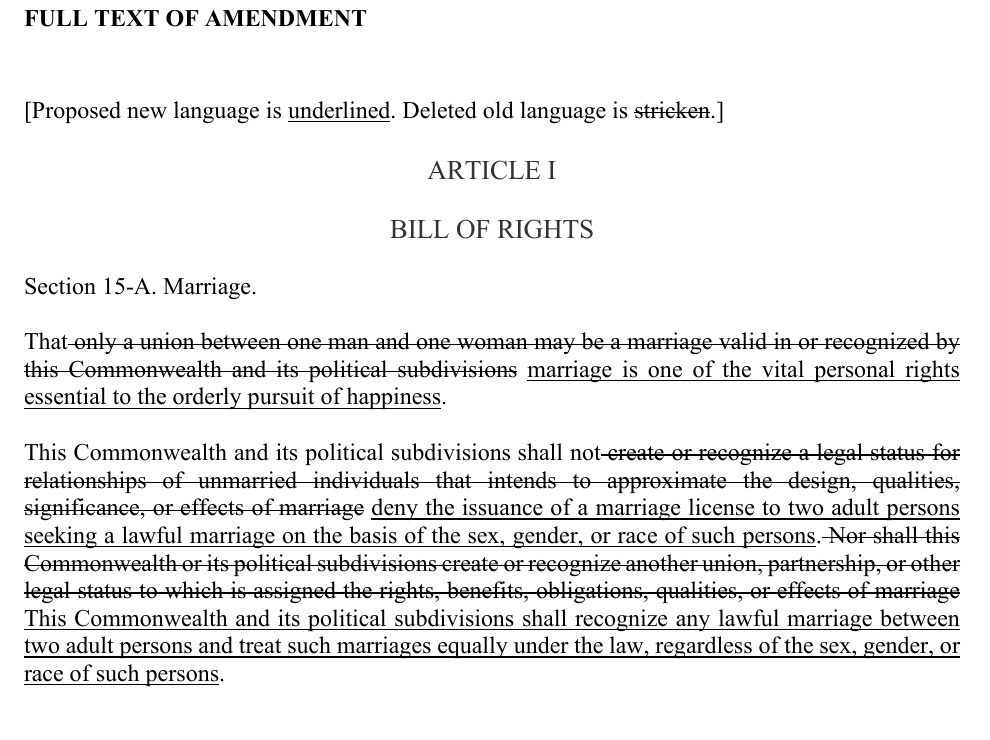 Virginia Question 2: excerpt from the proposed marriage amendment. Underlining and strikeouts are part of the official text. The proposal is on the November 3, 2026 ballot.