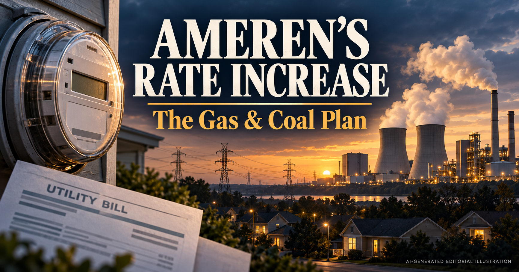 AI-generated editorial illustration, not a photograph: title text “Ameren’s Rate Increase: The Gas & Coal Plan” over a dusk scene of an electric meter and a utility bill in the foreground, transmission towers, a neighborhood of houses, and a power plant with cooling towers and smokestacks releasing plumes.