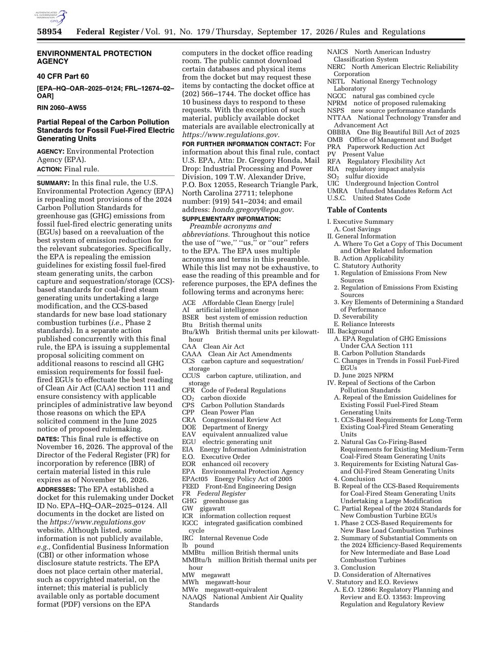 Scan of the first page of the Federal Register for Thursday, September 17, 2026, volume 91 number 179, page 58954, showing the Environmental Protection Agency final rule titled “Partial Repeal of the Carbon Pollution Standards for Fossil Fuel-Fired Electric Generating Units” and its summary.