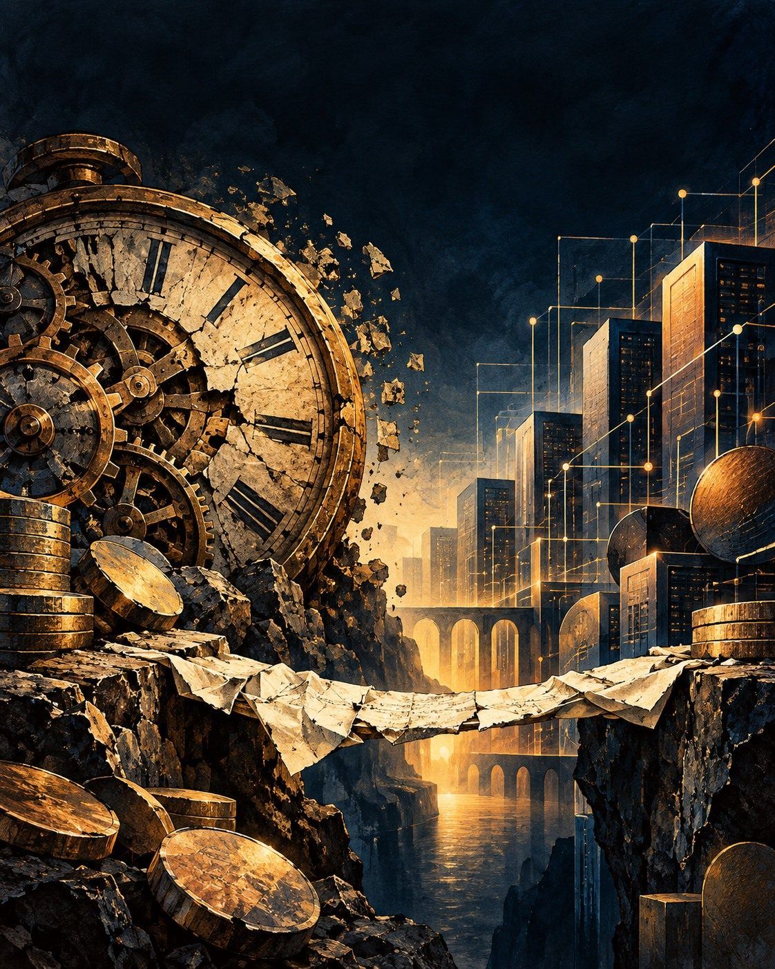 AI-generated editorial illustration: a weathered clock and gears transition into computing circuits above a fragile paper bridge, a conceptual metaphor for economic change across eras; not a historical photograph or evidence of an event.