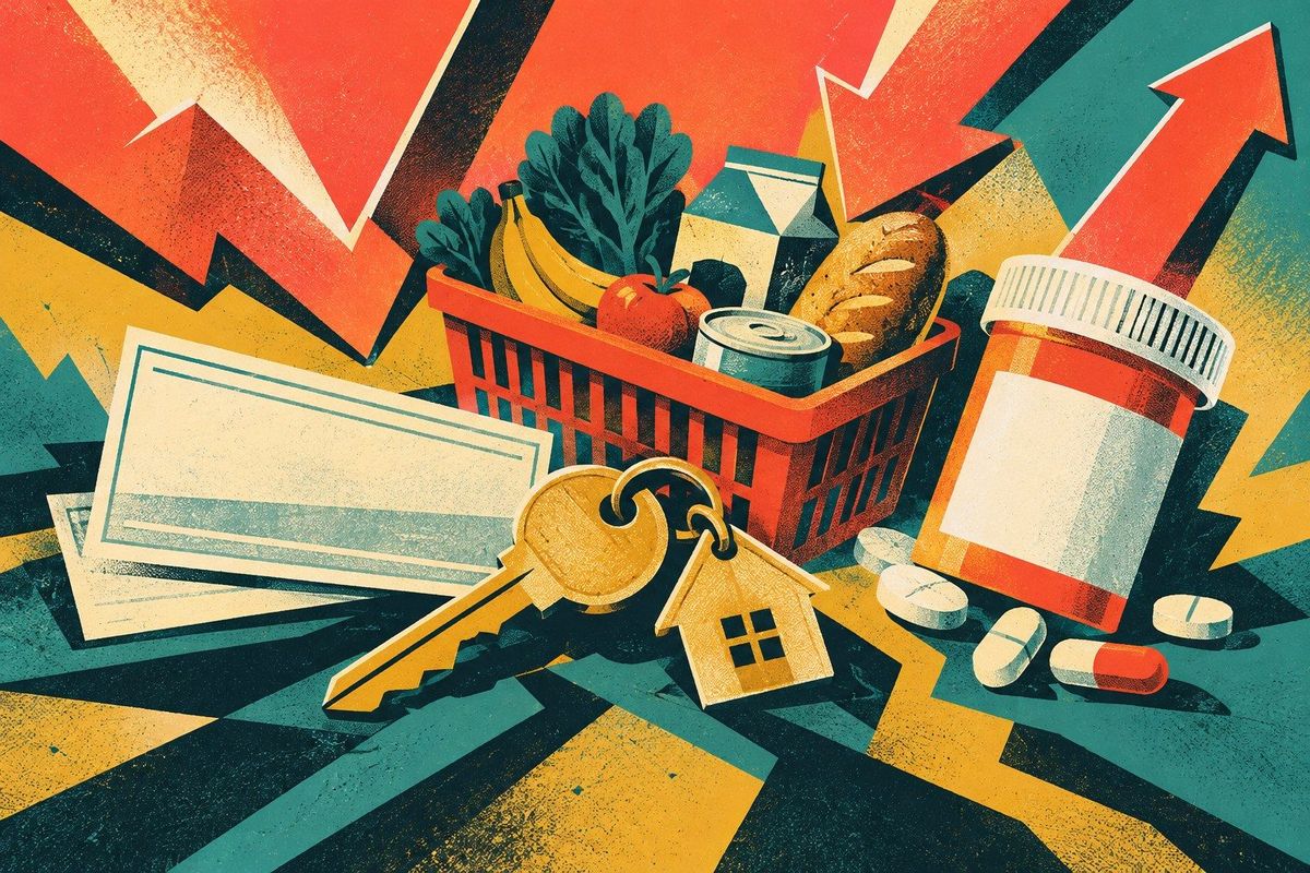 AI-generated risograph illustration of a grocery basket, key, medicine bottle and pay envelope; a conceptual depiction of household buying power.