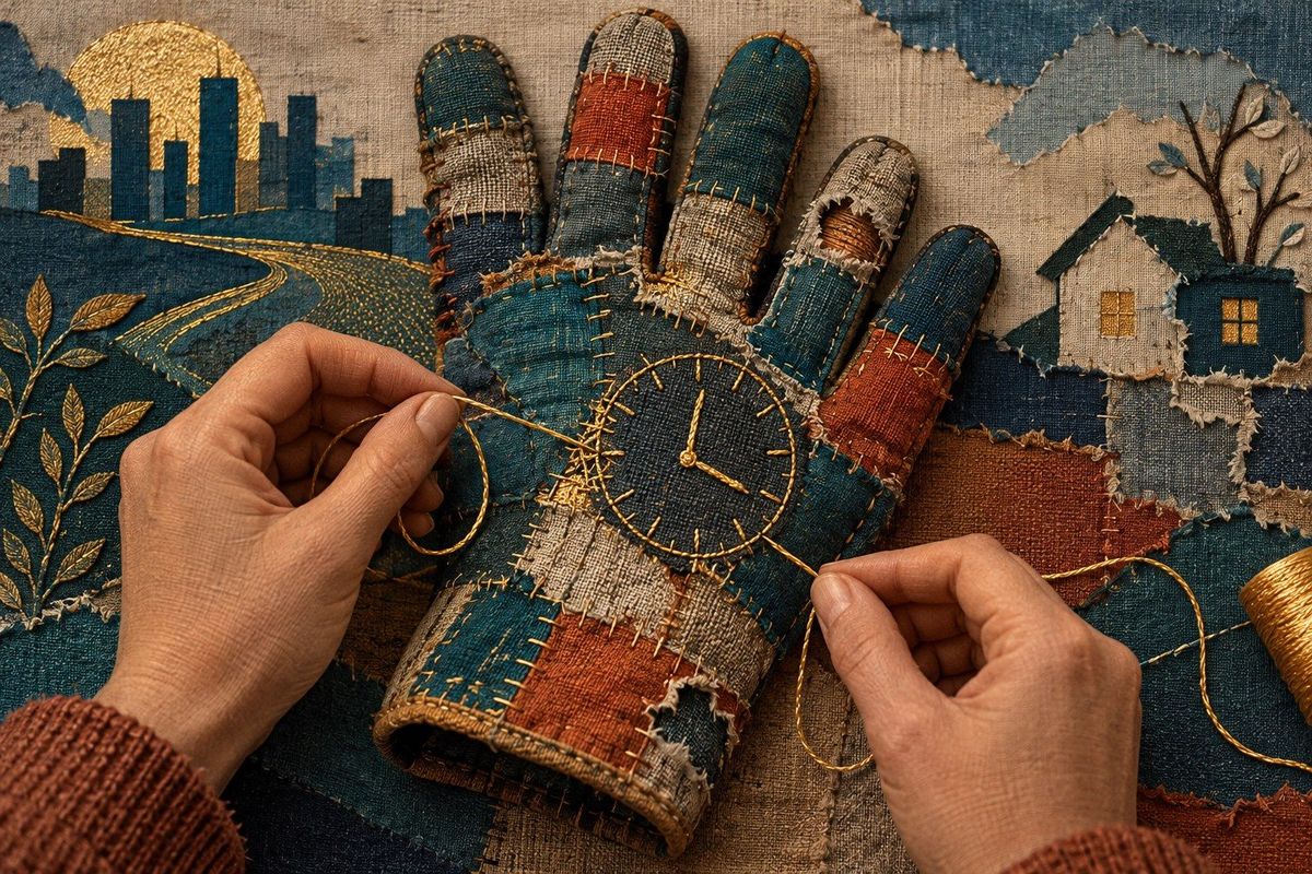 AI-generated embroidery illustration of anonymous hands mending a patchwork work glove; a concept of work and economic security, not an actual person.