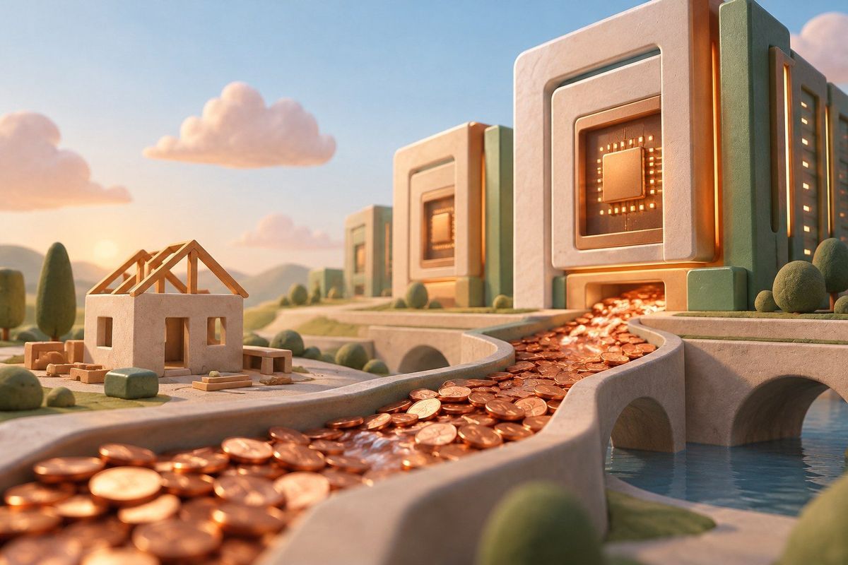 AI-generated clay-style illustration of coins flowing toward abstract computing tiles and an unfinished housing shape; not an actual facility.