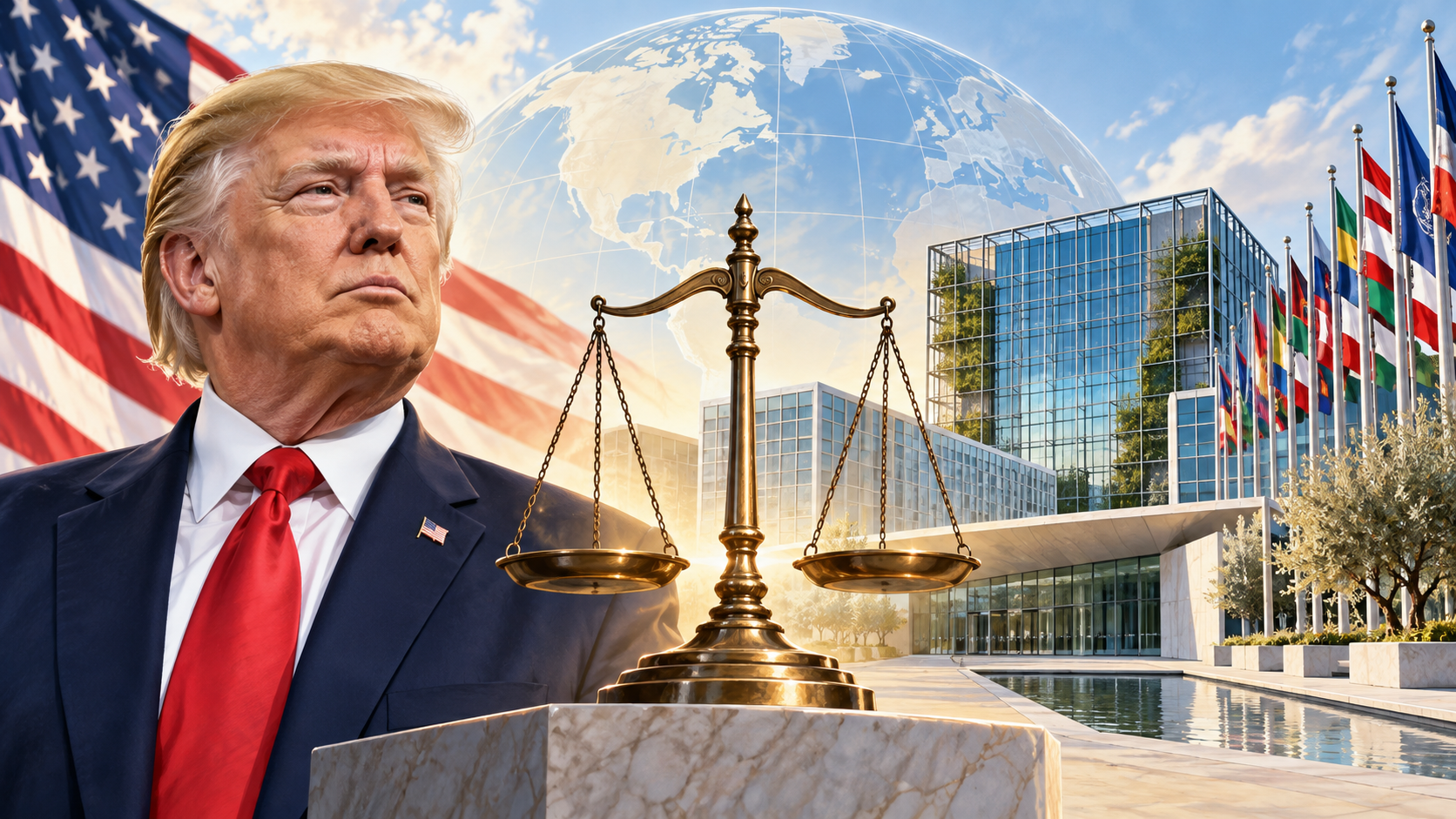 AI-generated illustration, not a photograph: Donald Trump in front of a U.S. flag, beside golden scales of justice on a marble pedestal, with a globe and a modern glass building lined with national flags in the background.
