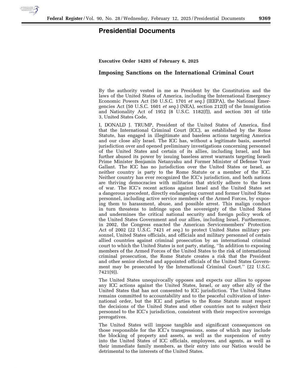Scan of the first page of the Federal Register for February 12, 2025, volume 90 number 28, page 9369, showing the heading “Executive Order 14203 of February 6, 2025, Imposing Sanctions on the International Criminal Court” and the order’s opening paragraphs.