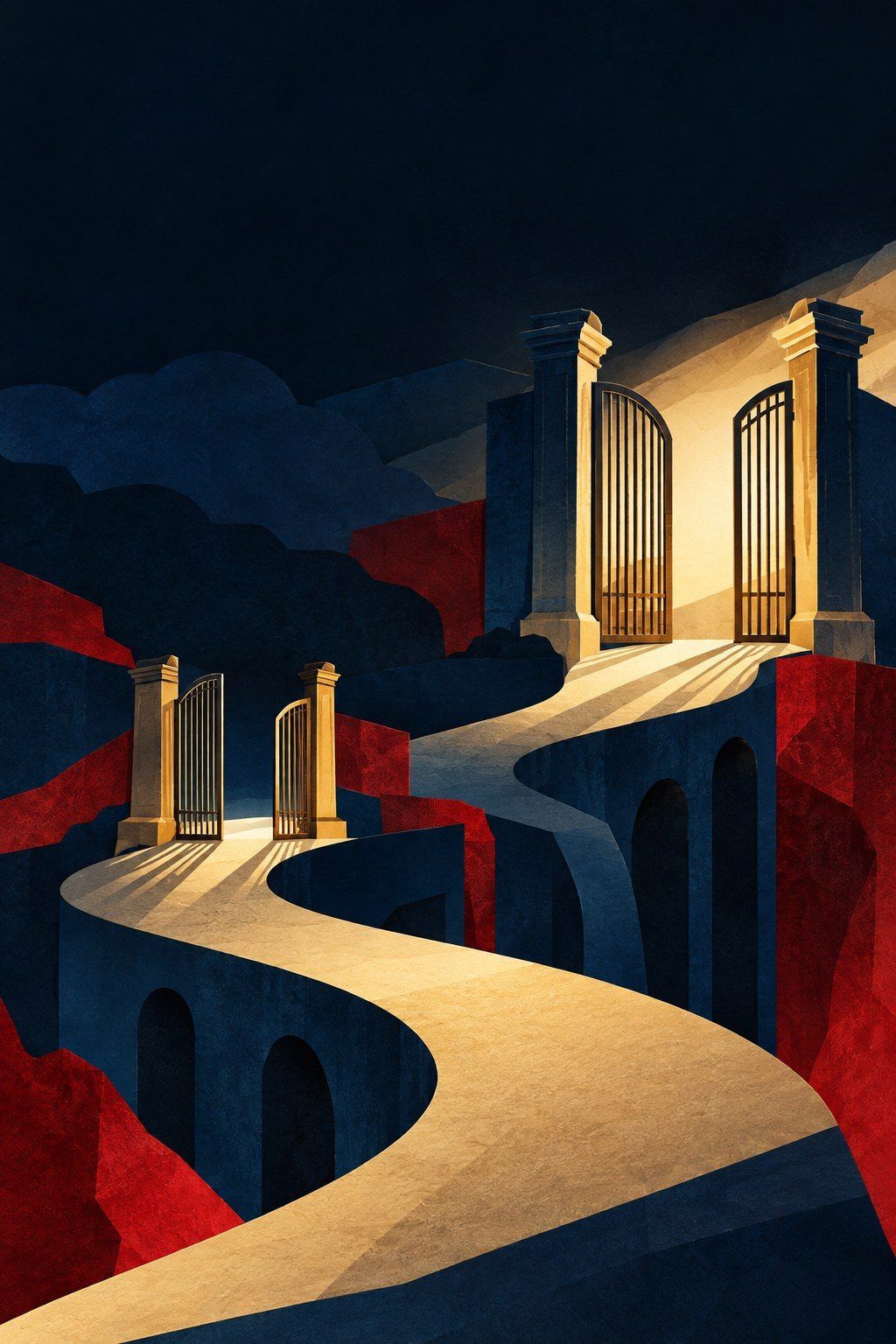 AI-generated editorial illustration: two abstract gates of different heights along a winding path, symbolizing separate House and Senate decisions; not a real facility, photograph or event.