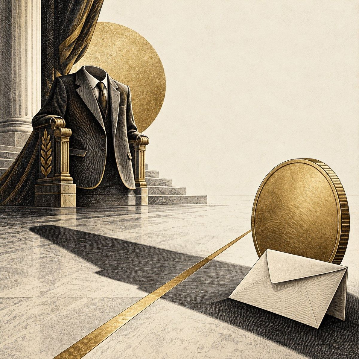 AI-generated ink engraving illustration of an empty jacket, coin and blank envelope; a concept of public office and private benefit, not evidence of a transaction.
