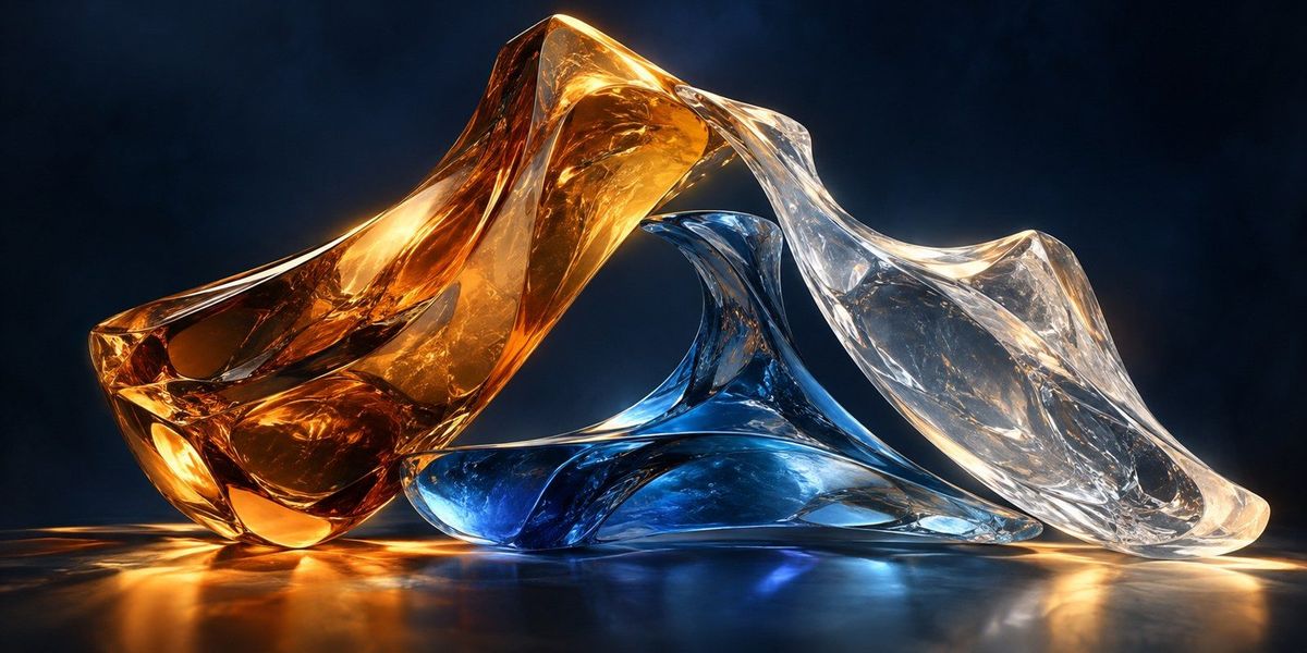 AI-generated glass-sculpture illustration of three interlocking abstract forms under tension; a concept of separation of powers, not real institutions.
