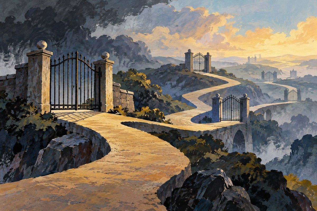 AI-generated editorial illustration: Imaginary gates and an unfinished horizon introduce contingent next steps without predicting an outcome or depicting a real government facility.