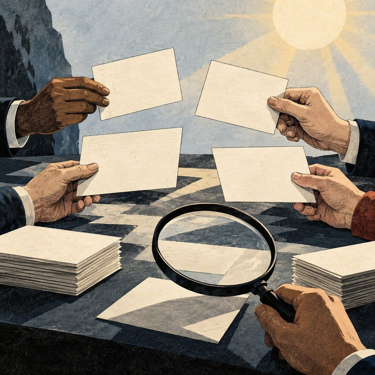 AI-generated editorial illustration: Anonymous illustrated hands compare blank cards under a lens, tying public accountability to inspectable sources; no real hearing or meeting is depicted.