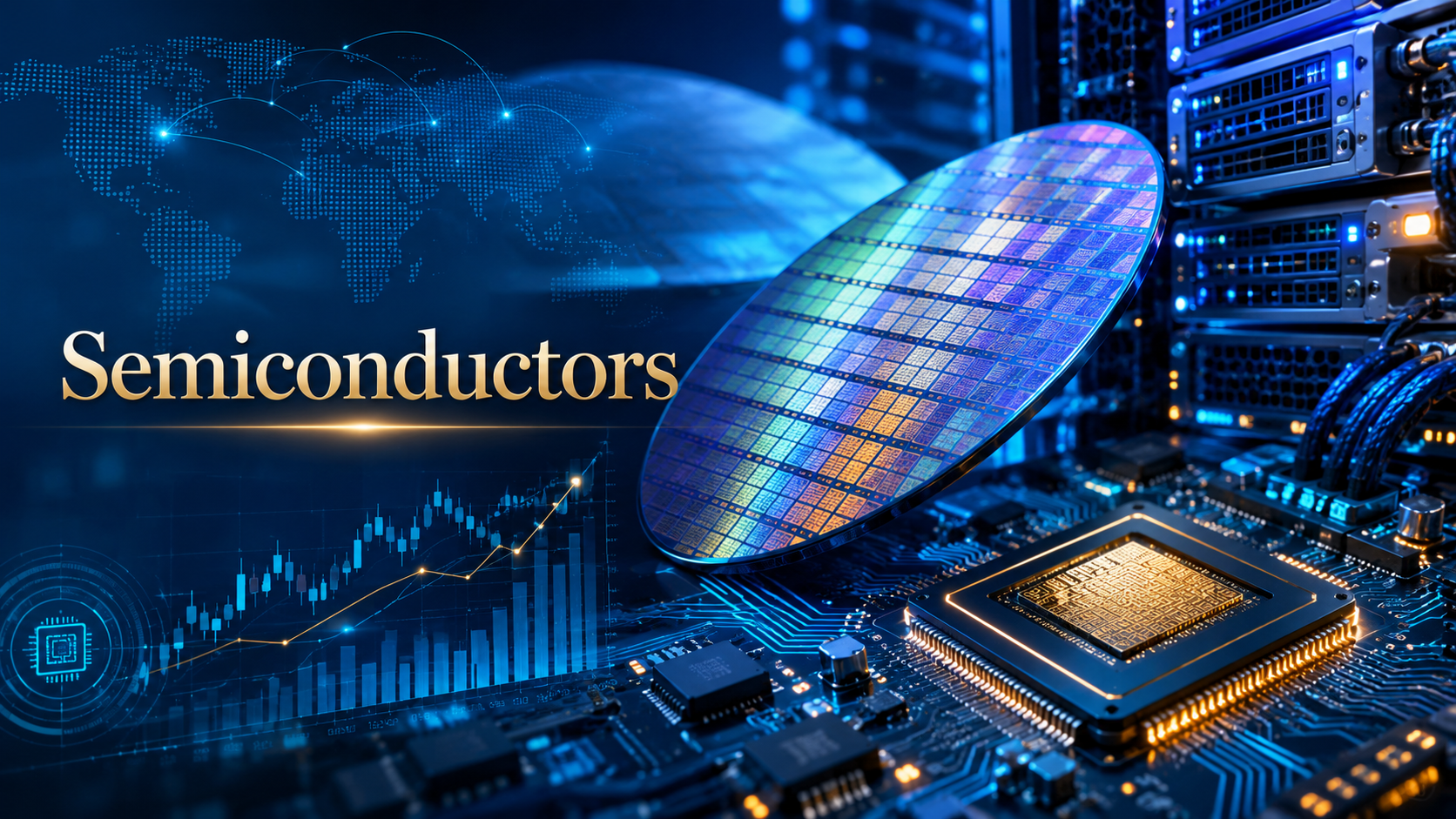 Semiconductor wafers, microchips, AI servers and market data visualizations