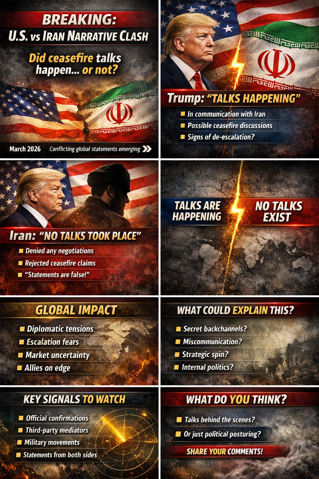 Graphic showing the U.S. versus Iran narrative clash over talks and the Strait of Hormuz.