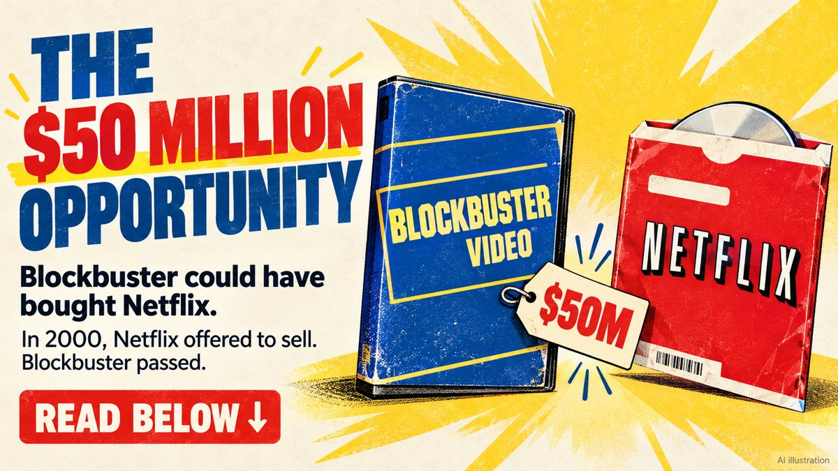 Illustration: The $50 million opportunity — Blockbuster could have bought Netflix. In 2000, Netflix offered to sell. Blockbuster passed.