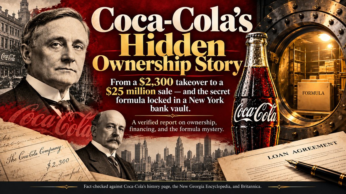 AI-generated illustration: Coca-Cola's hidden ownership story, from a $2,300 takeover to a $25 million sale, with the secret formula locked in a New York bank vault.